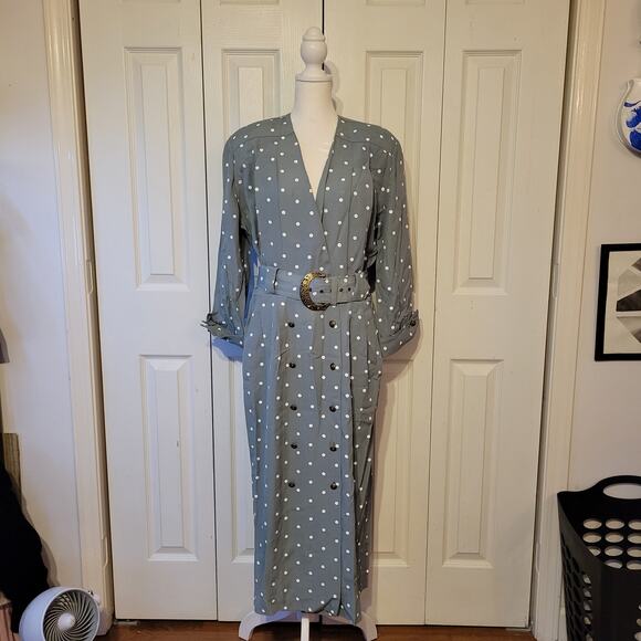 Vintage Polka Dot Wrap Coat Dress Long Sleeve Belted Midi Polka dotted Dress - Picture 2 of 7